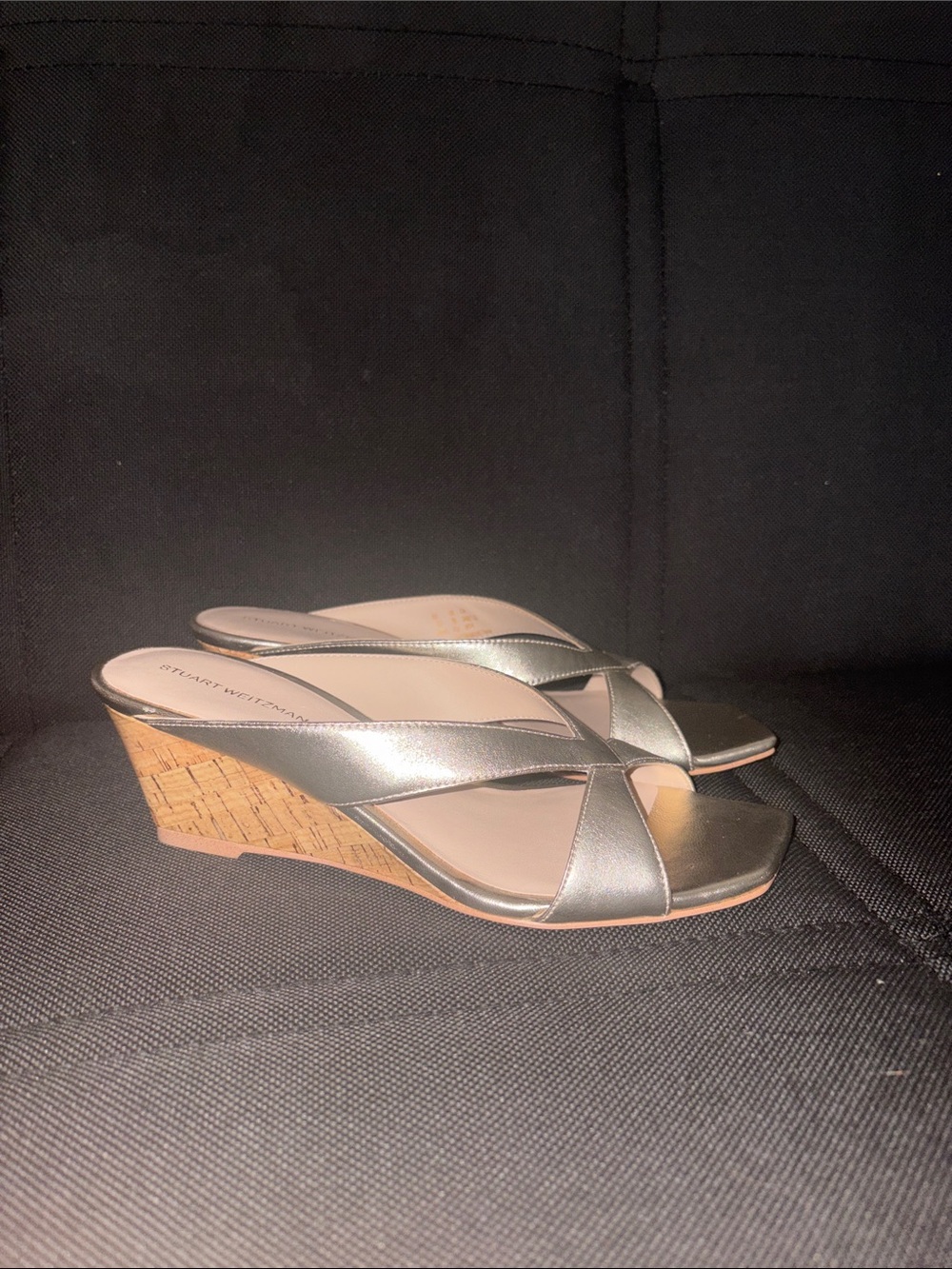 Stuart Weitzman Metallic Silver Cork Wedge Sandals